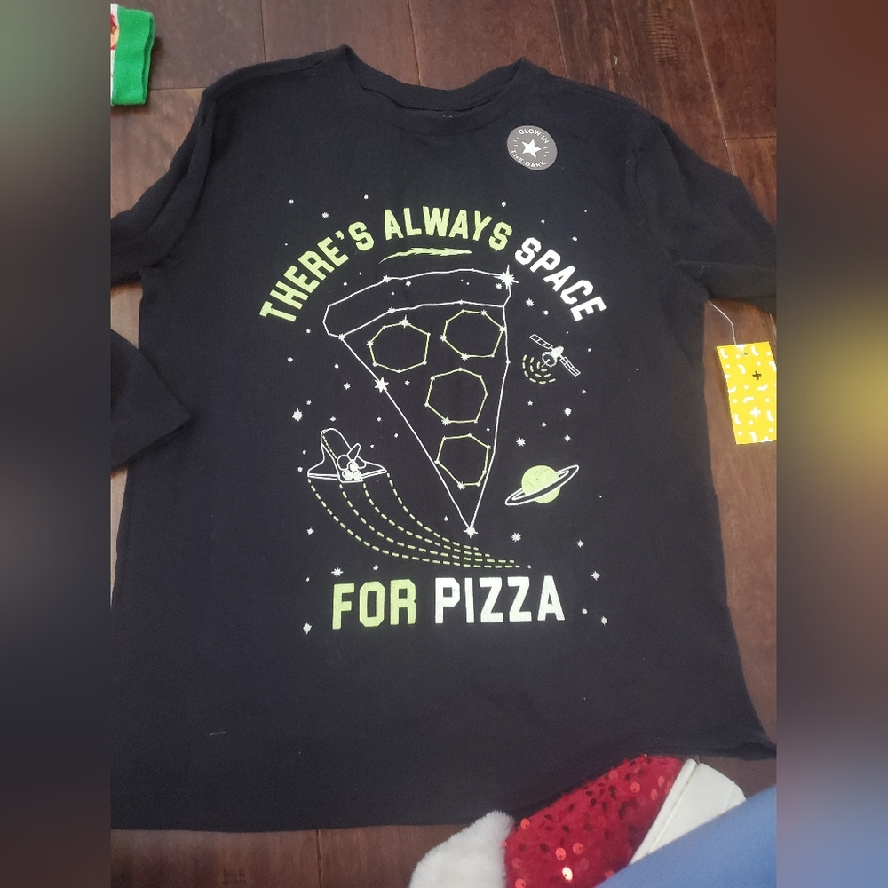 RUmi +ryder  Black Long Sleeve Kids Tee with Space Pizza Design